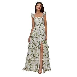Green Floral Tiered Ruffle Maxi Dress Corset Back Lace Up Slit Sleeveless